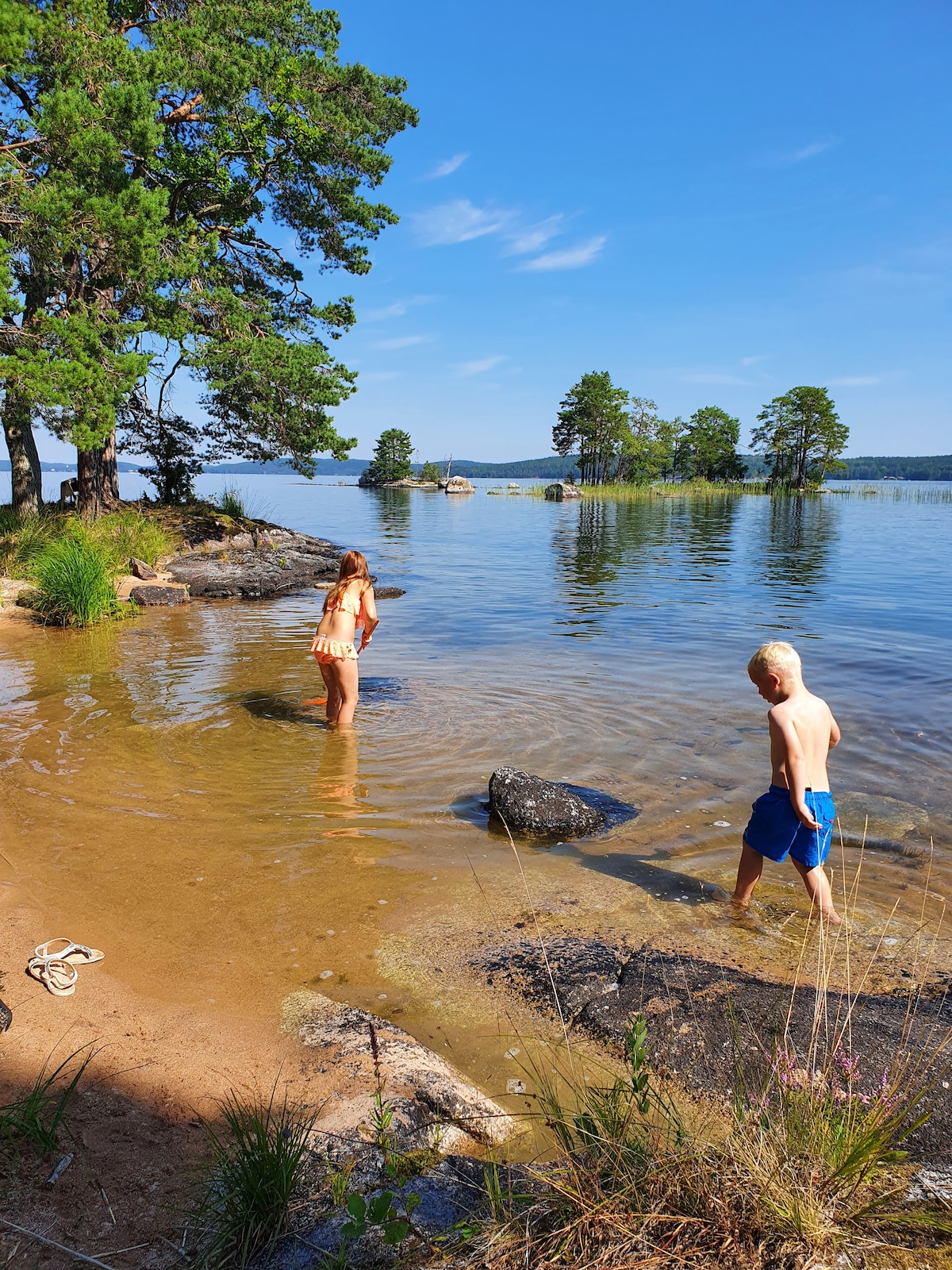 A serene lakeside scene features children playing in shallow water along a sandy shore. Smooth rocks and patches of grass are visible, with tall trees framing the calm lake. The clear sky reflects on the water's surface, enhancing the natural beauty of the surroundings.