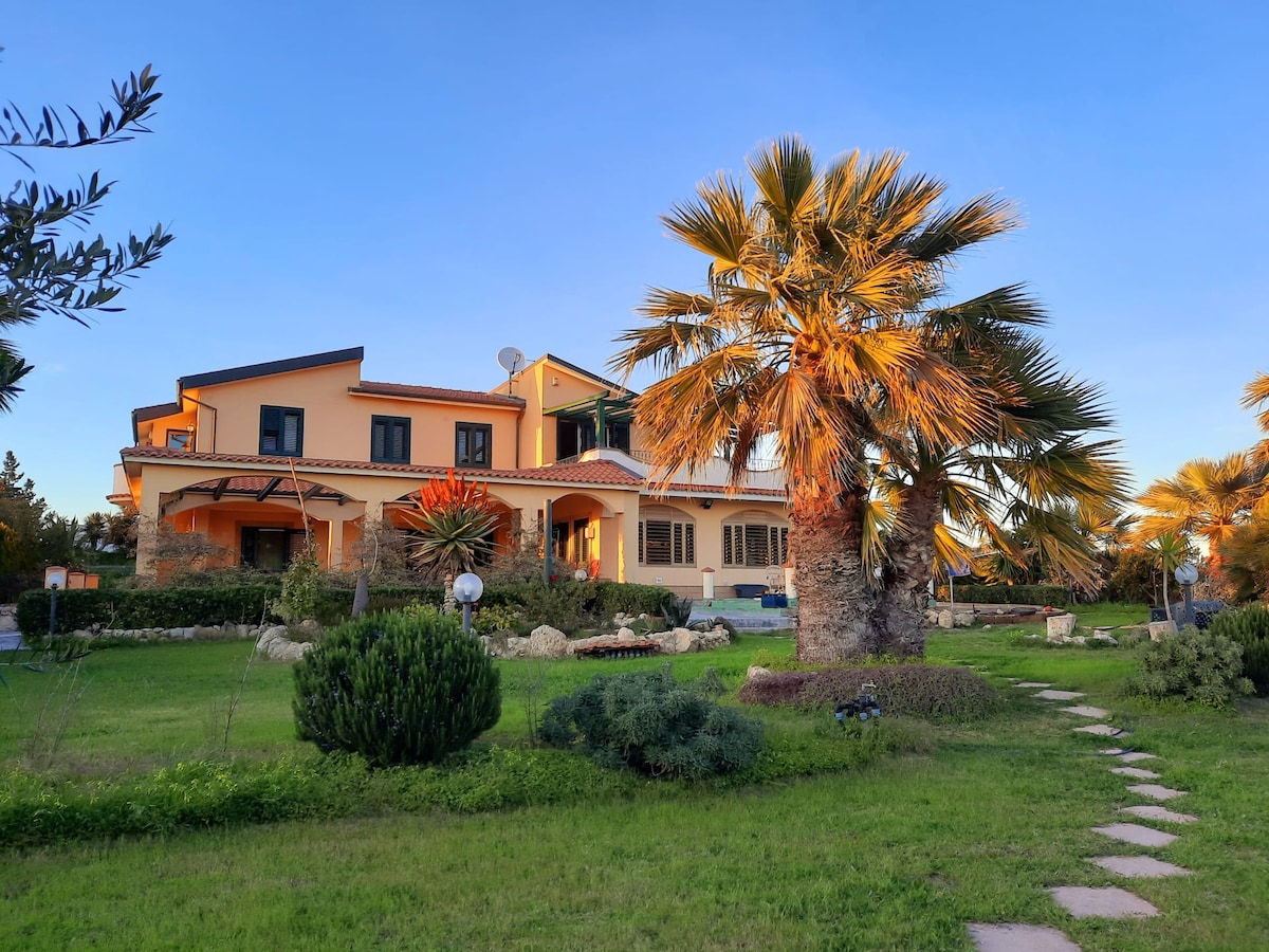 A spacious villa stands amidst lush greenery and palm trees. The building features a multi-level design with a large porch and expansive windows, inviting natural light. A stone pathway leads through the landscaped garden, enhancing the serene setting.