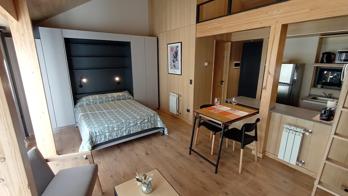 A modern studio space features a queen-sized bed with a decorative gray quilt, positioned against a sleek, multifunctional wall unit. A small dining table with two chairs is set beside a kitchenette, showcasing wood-paneled walls and large windows that allow natural light to fill the room.