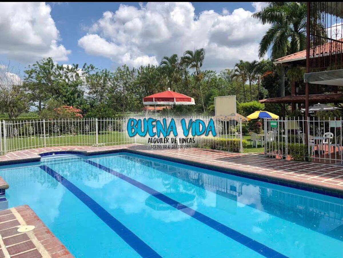 A vibrant outdoor pool is surrounded by a tiled deck and lush greenery. Lounge chairs and shaded seating areas are visible alongside the water, providing ample space for relaxation under a clear blue sky dotted with white clouds.