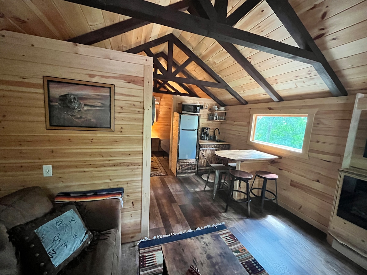The cabin interior features natural wood paneling and a high, sloped ceiling with exposed beams. A cozy seating area with a sofa is visible, complemented by a small dining table and stools near a kitchenette with a refrigerator. Light filters through a window, enhancing the space.