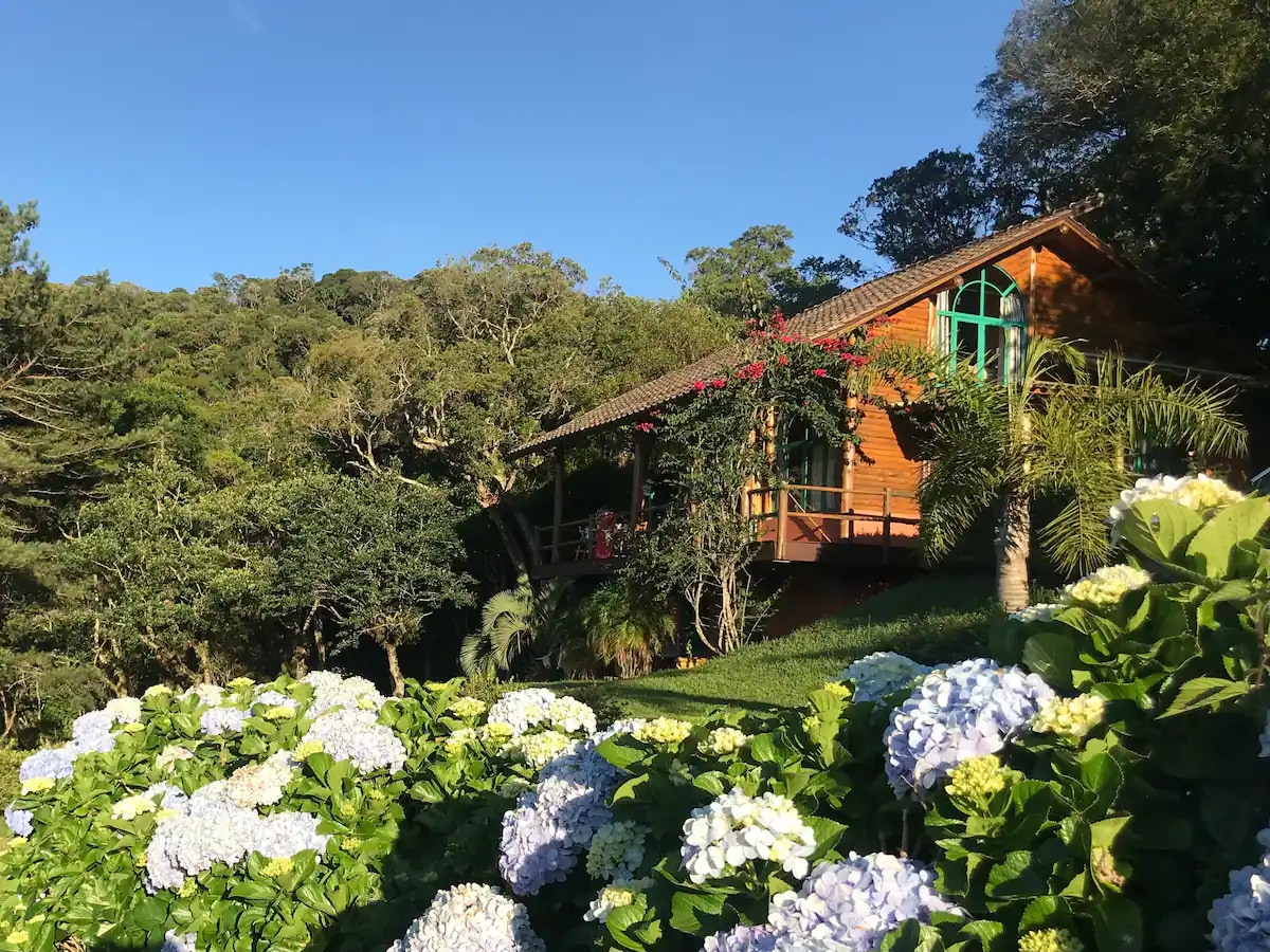 A charming wooden house is nestled among lush trees, featuring large green windows. Vibrant hydrangeas bloom in the foreground, adding color to the scene. The surrounding nature enhances the serene atmosphere of the property, inviting relaxation in a woodland setting.
