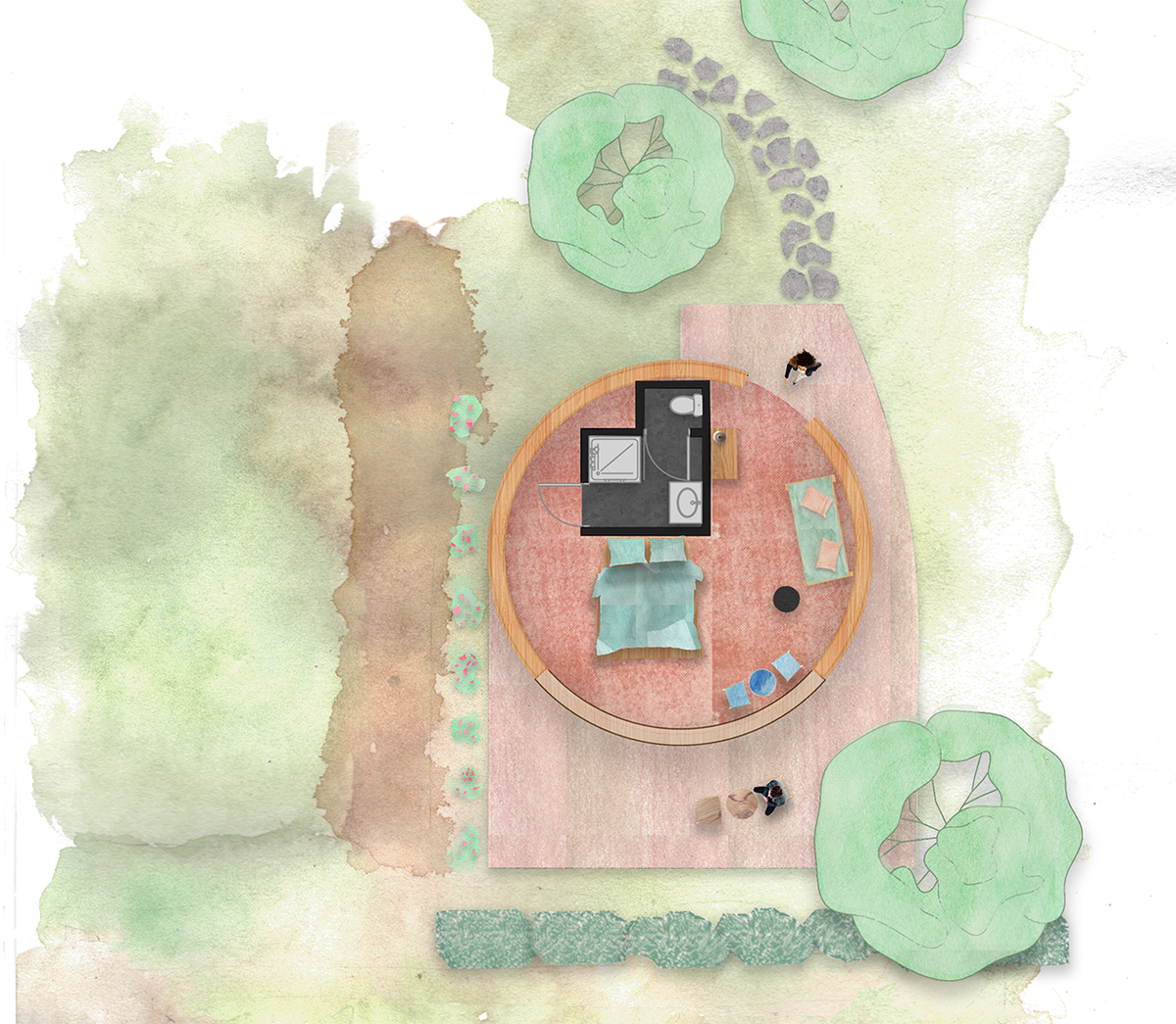 An aerial view of the unique dome structure is displayed, surrounded by greenery. The layout includes a sleeping area, dining space with kitchen amenities, and a private terrace. The circular design provides a sense of openness, complemented by natural elements like trees and pathways.