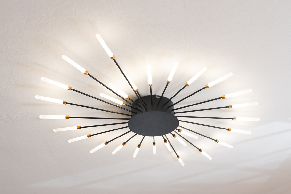 A modern ceiling light fixture features multiple elongated bulbs arranged in a starburst pattern. The design combines a dark central mount with evenly spaced fixtures extending outward, providing a unique and stylish illumination for the room.