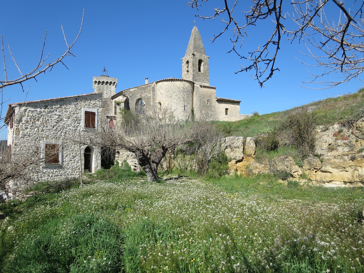A charming stone house is seen alongside a historic tower, surrounded by lush green grass and scattered white flowers. The clear blue sky enhances the serene atmosphere of the location, providing a sense of tranquility in the countryside.