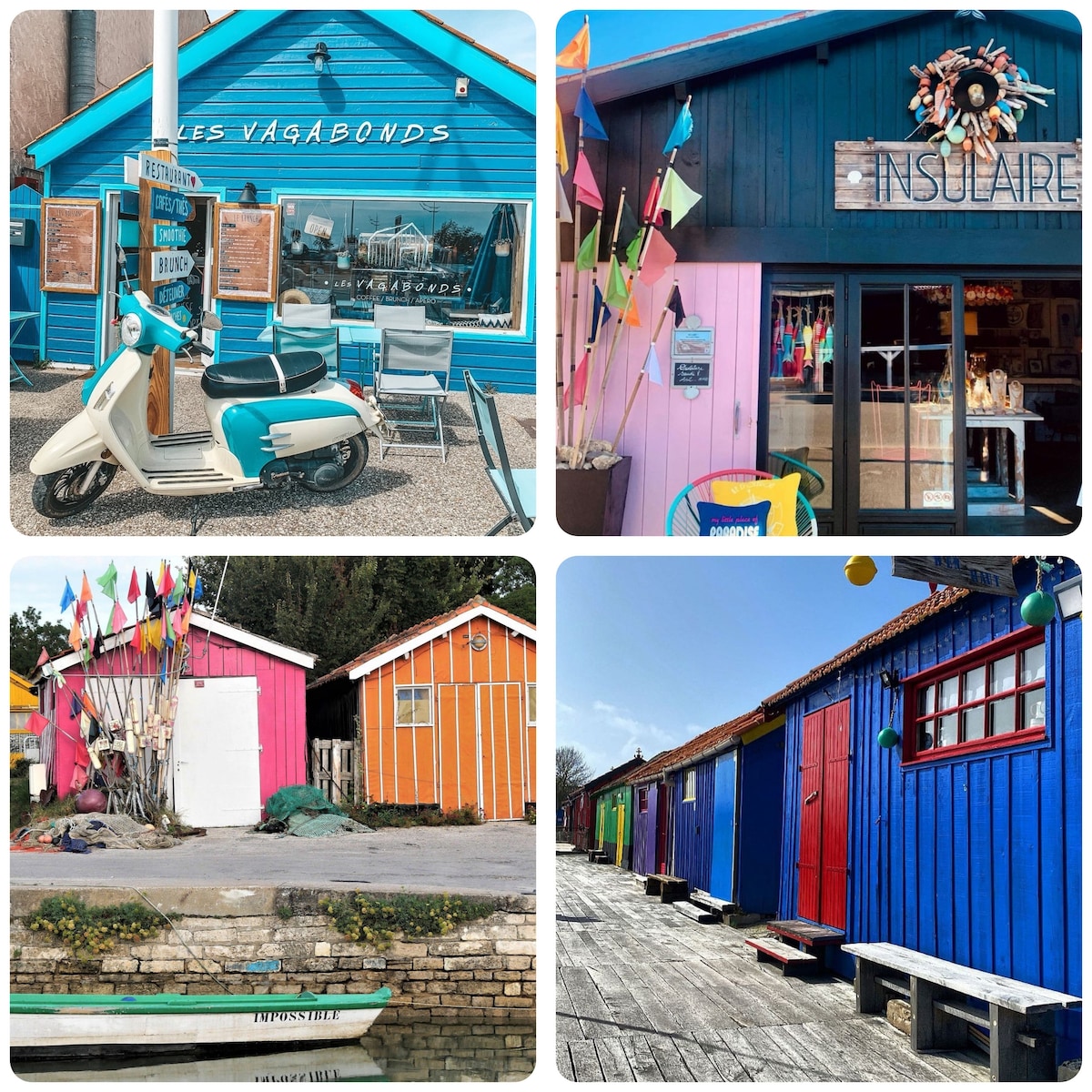 A vibrant collection of local buildings and attractions is displayed. A bright blue restaurant named 'Les Vagabonds' features outdoor seating and a vintage scooter. Nearby, a colorful shop called 'Insulaire' showcases inviting decor. Vibrant wooden cabins line a waterfront area, creating a lively, welcoming scene.