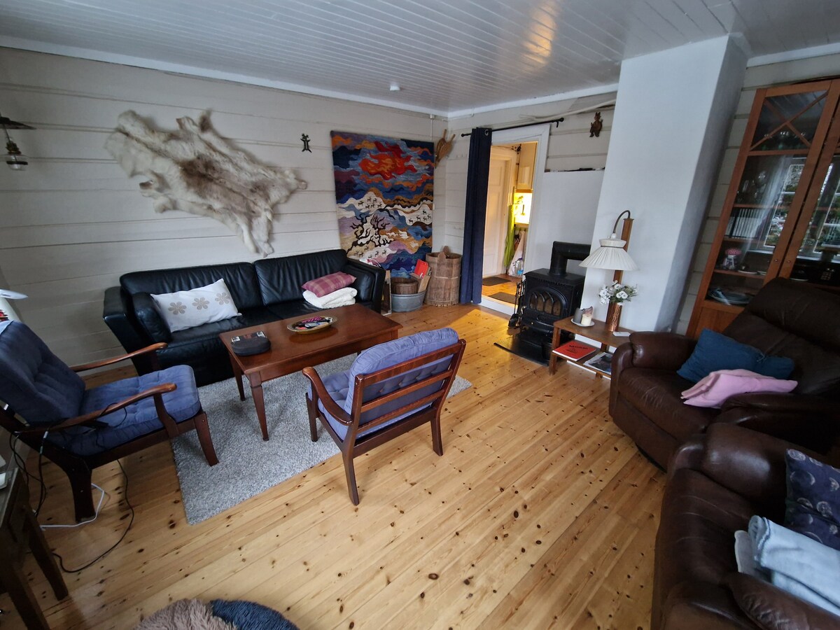 The living area features a mix of seating, including a black leather sofa and two armchairs, arranged around a wooden coffee table. A textured rug covers the wooden floor, and a colorful wall tapestry adds a decorative touch. Natural light enters through a nearby window.