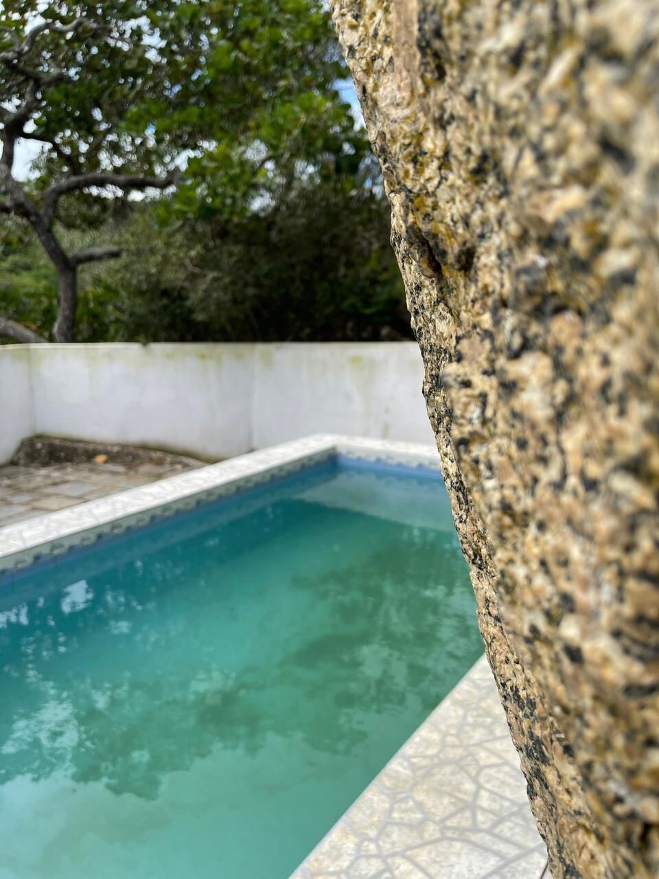 A tranquil swimming pool is surrounded by a stone patio, with the water reflecting shades of blue. The pool area is bordered by a white wall, and greenery is visible in the background, providing a serene atmosphere.