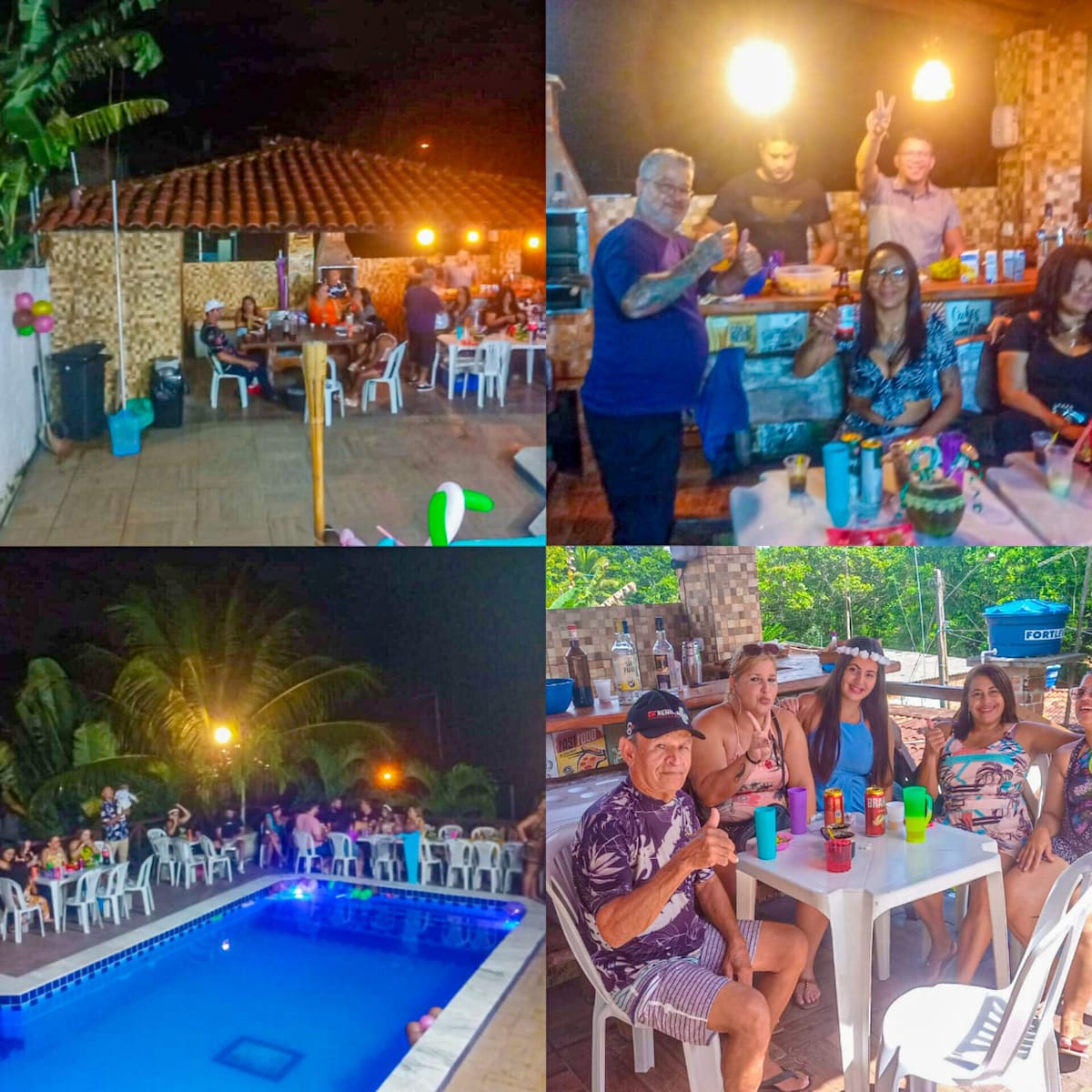 A lively outdoor setting is illustrated with people enjoying a gathering around a spacious patio. In the center, a swimming pool reflects ambient lighting. Tables are arranged with drinks, and a barbecue area is visible, surrounded by greenery, creating an inviting atmosphere for social interaction.
