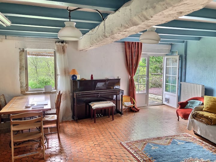 Salón, comedor de 30 m2 con sofá cama, estufa de pellets, pantalla de proyección y videoproyector