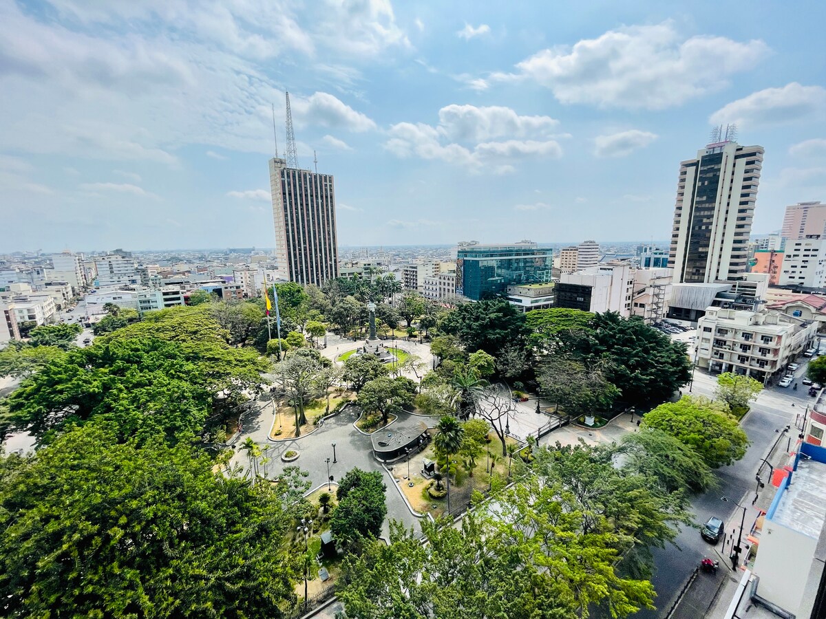 An expansive view of Parque Centenario is displayed, featuring lush green trees and open spaces. Surrounding the park are modern buildings and rooftops of various heights, with clear skies above and hints of city life in the distance.