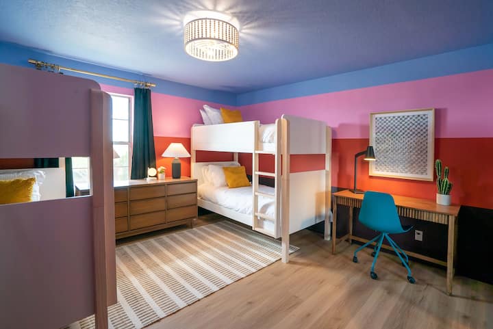 Double bunk beds and dedicated workspace. Sophisticated enough for adults, but fun enough for kids, all beds are hybrid Helix mattress.