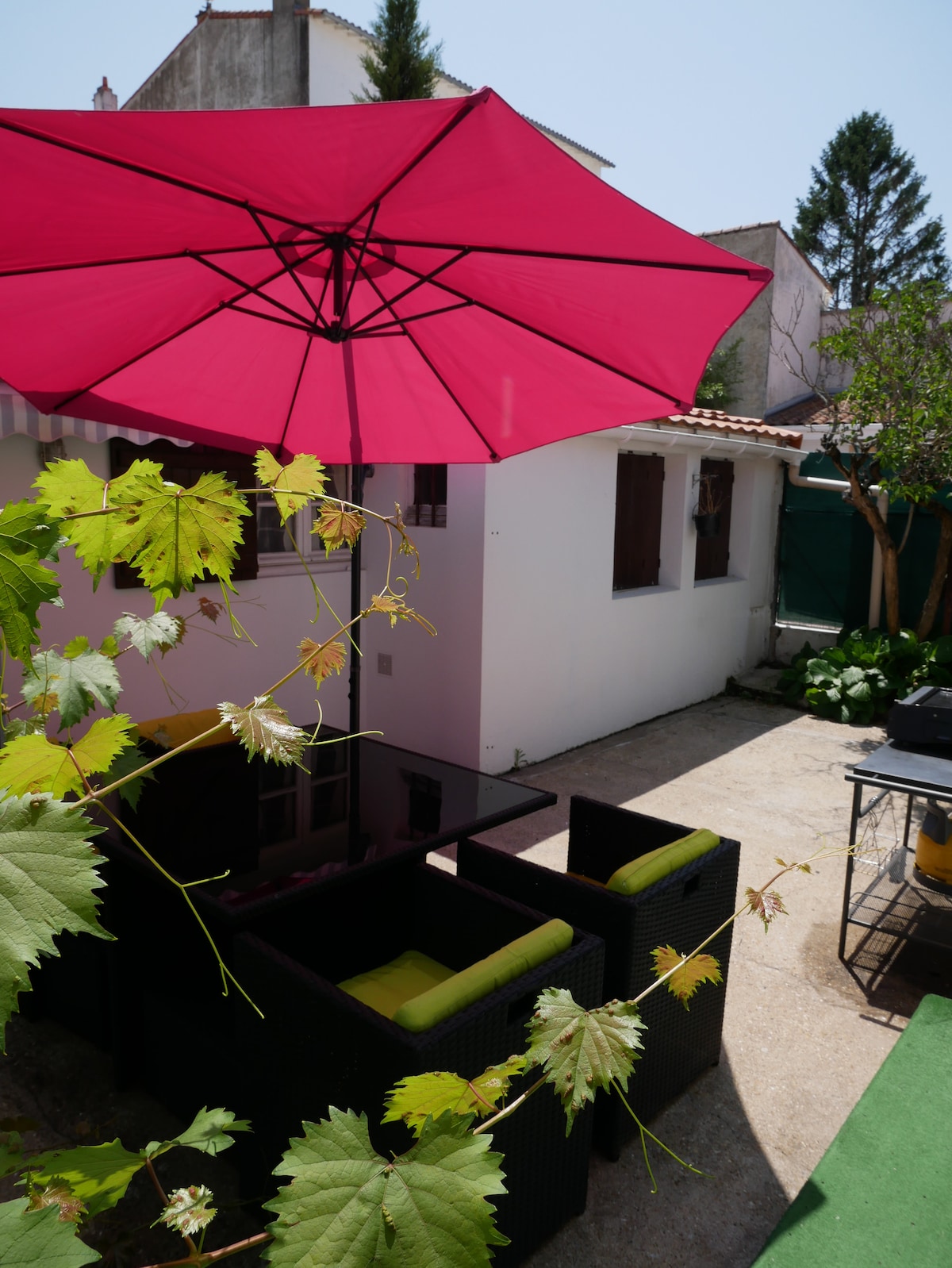 A private courtyard is featuring a large pink umbrella shading a seating area which includes dark rattan furniture with green cushions. Lush greenery and a small house are visible in the background, contributing to a calming outdoor setting.