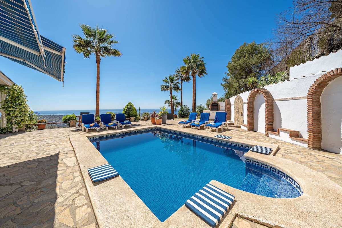 A serene outdoor space features a private swimming pool surrounded by comfortable lounge chairs. Tall palm trees provide a tropical ambiance, while a spacious stone terrace offers ample room for relaxation. The sea is visible in the background, creating a picturesque and inviting atmosphere.