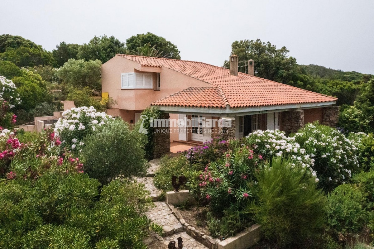 A charming house is nestled among lush greenery and flowering bushes. The structure features a tiled roof and stone accents, surrounded by a pathway leading through a well-maintained garden. The serene landscape emphasizes the natural beauty of the setting.