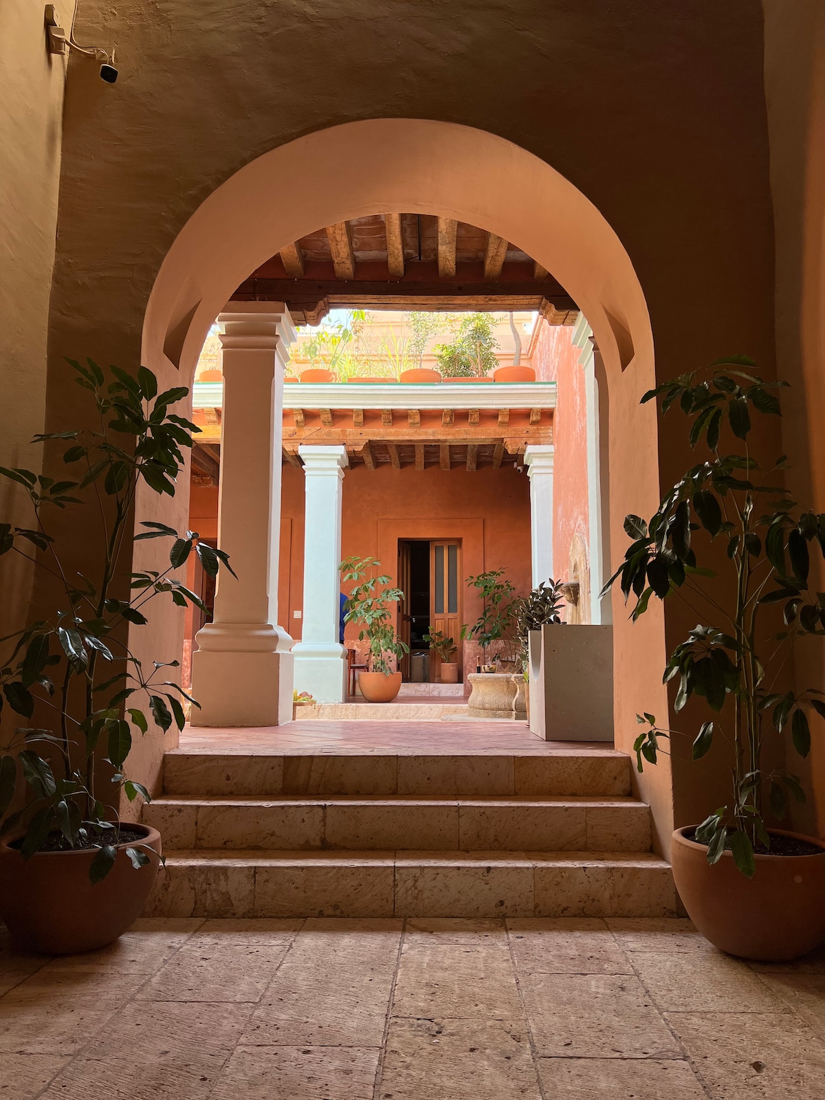 An arched entrance leads into a charming courtyard, with terracotta-colored walls and tiled flooring. Green plants in terracotta pots frame the entrance, while tall columns support the ceiling above, creating a welcoming passage into the serene outdoor space.