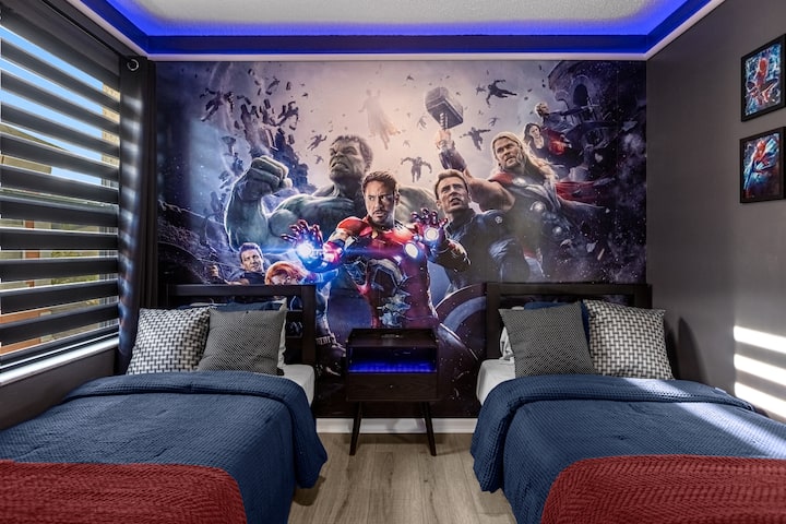Equipped with 2 twin beds, a LED lined ceiling and a LED lit Avengers decor. Closet has a smart TV and Avengers' costumes.