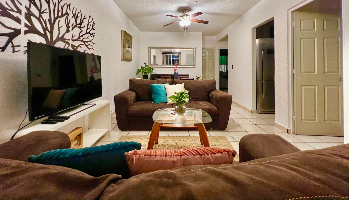 A living area is presented with two brown sofas, a glass coffee table, and a television on a white stand. A plant is placed on the table, with wall art featuring a tree design. The space is illuminated by a ceiling fan, enhancing a bright atmosphere.