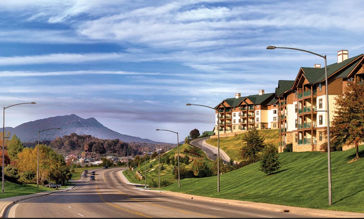 A scenic view of a resort-lined road with gentle curves. Lush green lawns are present on both sides, and the backdrop features rolling mountains under a clear blue sky, enhancing the serene setting of the landscape.