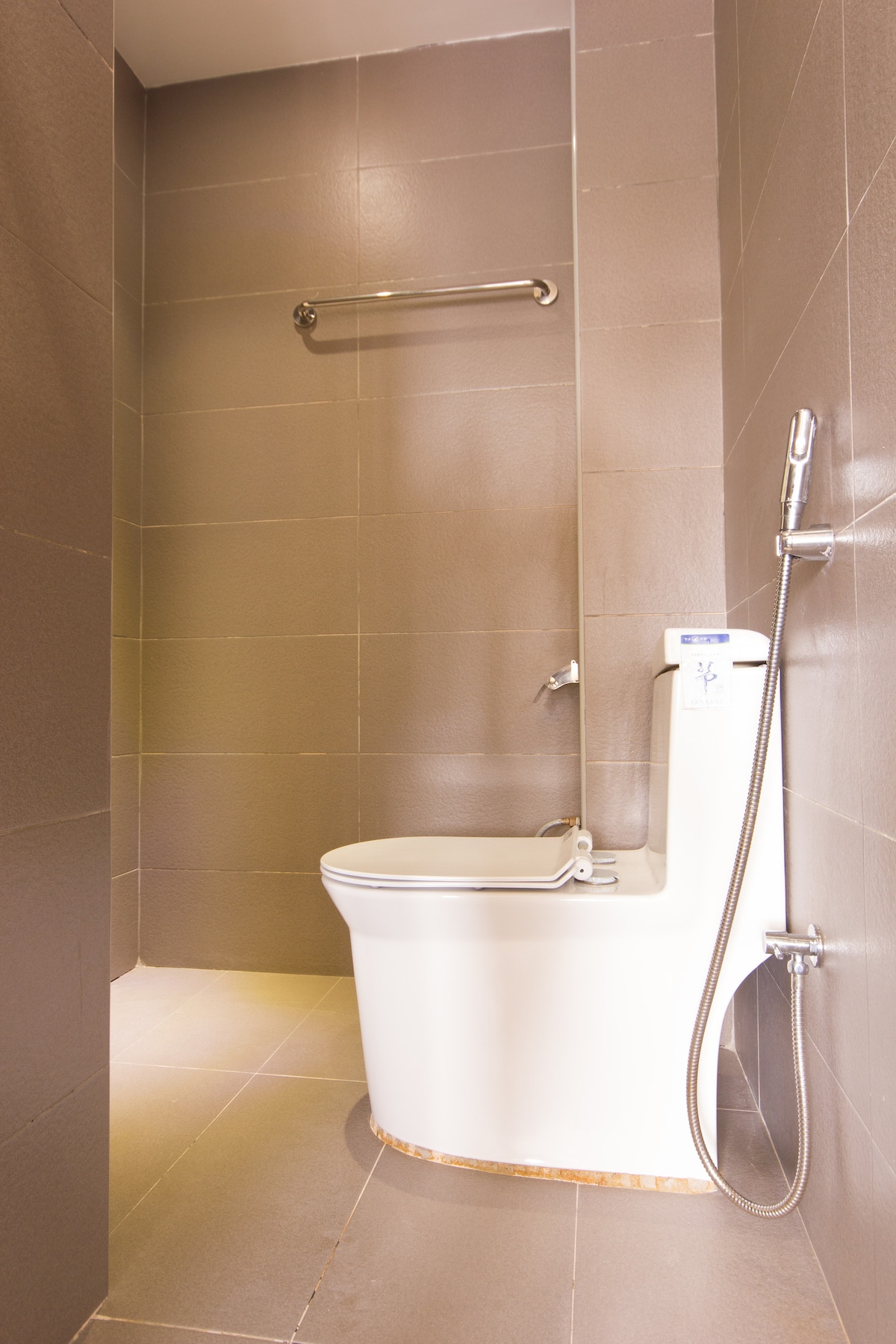 A modern bathroom is featured, showcasing sleek gray tiles and a clean-style toilet. A handheld shower fixture is positioned next to the toilet, with a safety grab bar mounted on the wall for support. Soft lighting illuminates the space.