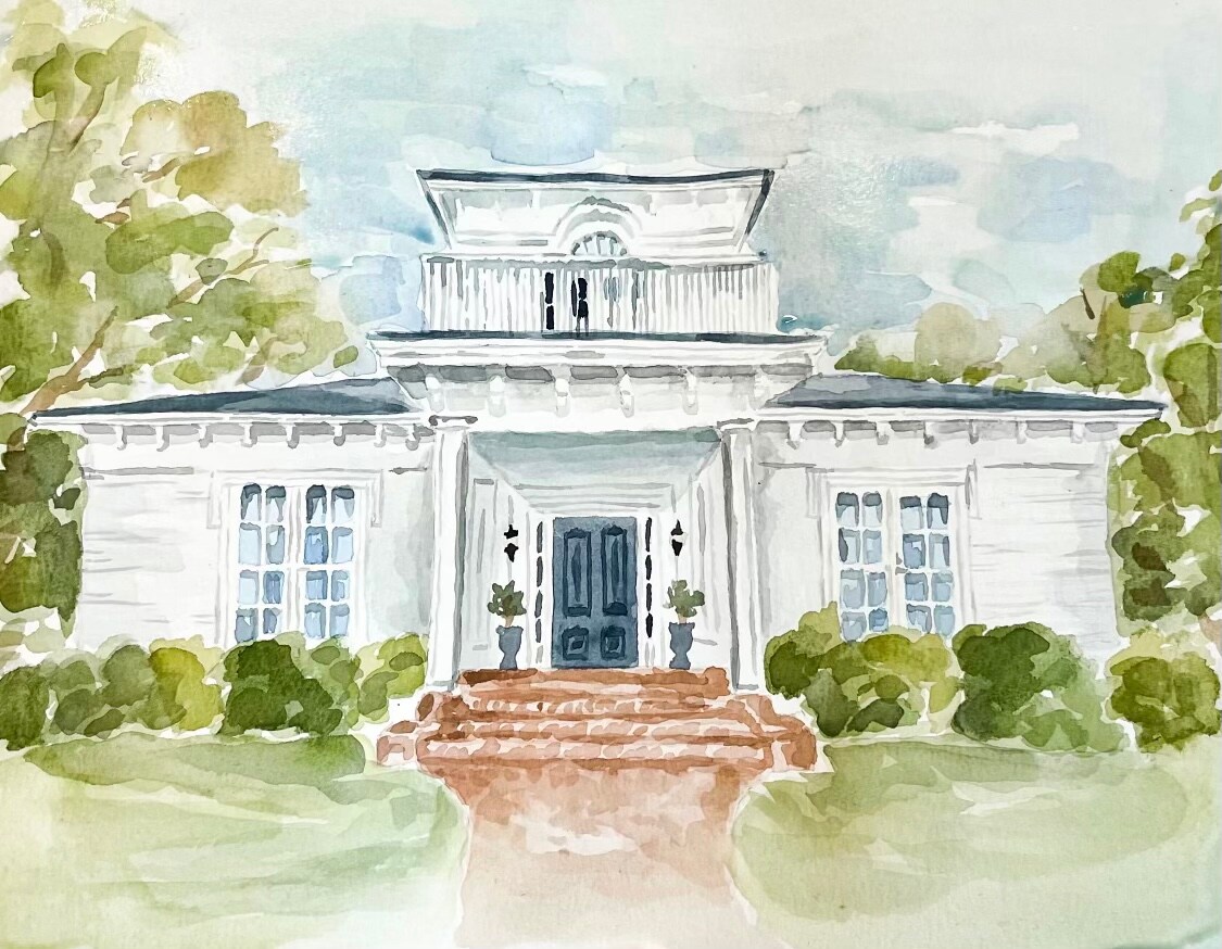 A charming watercolor illustration depicts a stately white house with a double-door entrance, flanked by potted plants. The property features a prominent roofline and large windows, surrounded by lush greenery and a pathway leading to the front door.