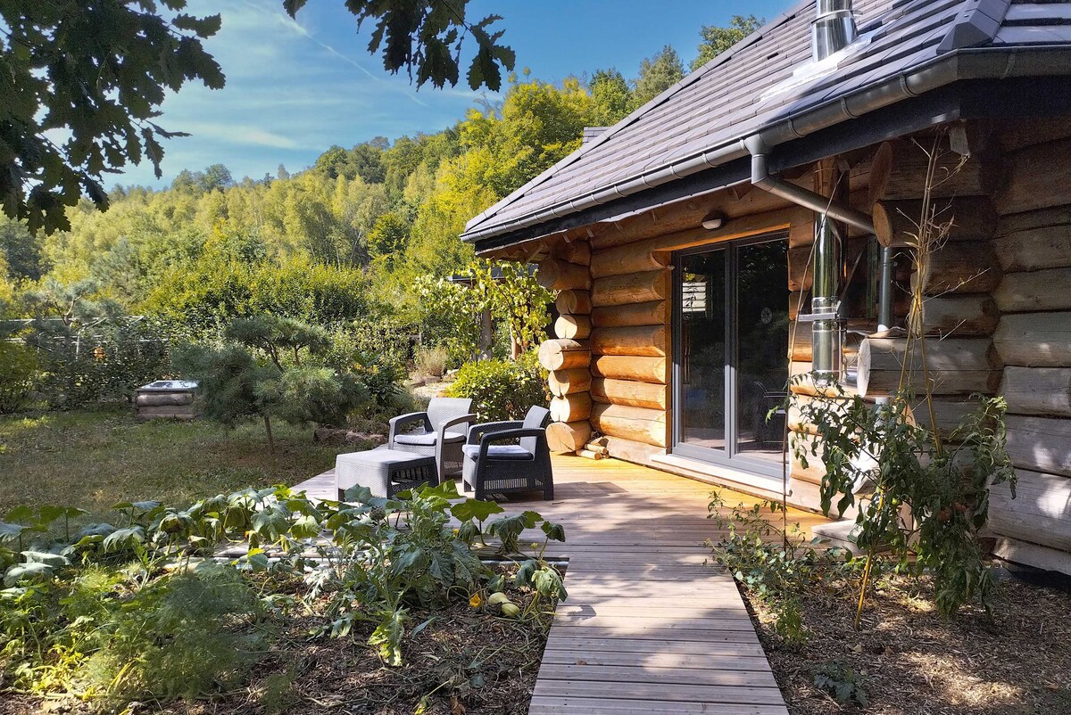 A log cabin is surrounded by lush greenery, with a wooden deck featuring two outdoor chairs. The garden includes plants and vegetables, enhancing the natural setting. Sunlight illuminates the scene, providing a warm and inviting atmosphere for relaxation.