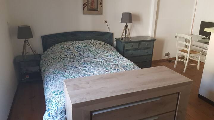 Amplia habitación equipada con un vestidor, una pequeña oficina para trabajar y una cama ajustable. 