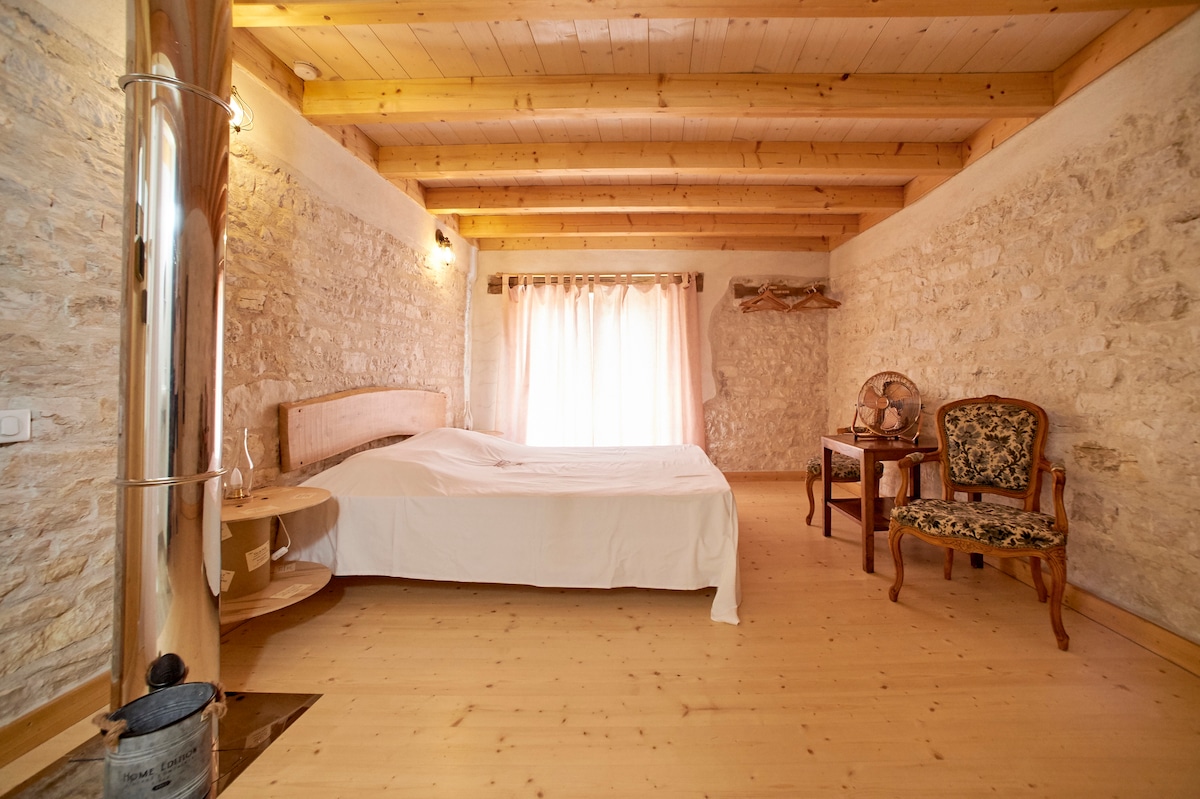 Ფართო და ნათელი ოთახი, რომელიც იურას მთებს გადაჰყურებს.
Ორი 80/200 სმ საწოლი, რომელიც შეიძლება გარდაიქმნას 160/200 სმ საწოლად.
Ცალკე სააბაზანო საშხაპით და ნიჟარით, უნიტაზით.
Იდეალურია მშვიდი და გამაგრილებელი სტუმრობისთვის.