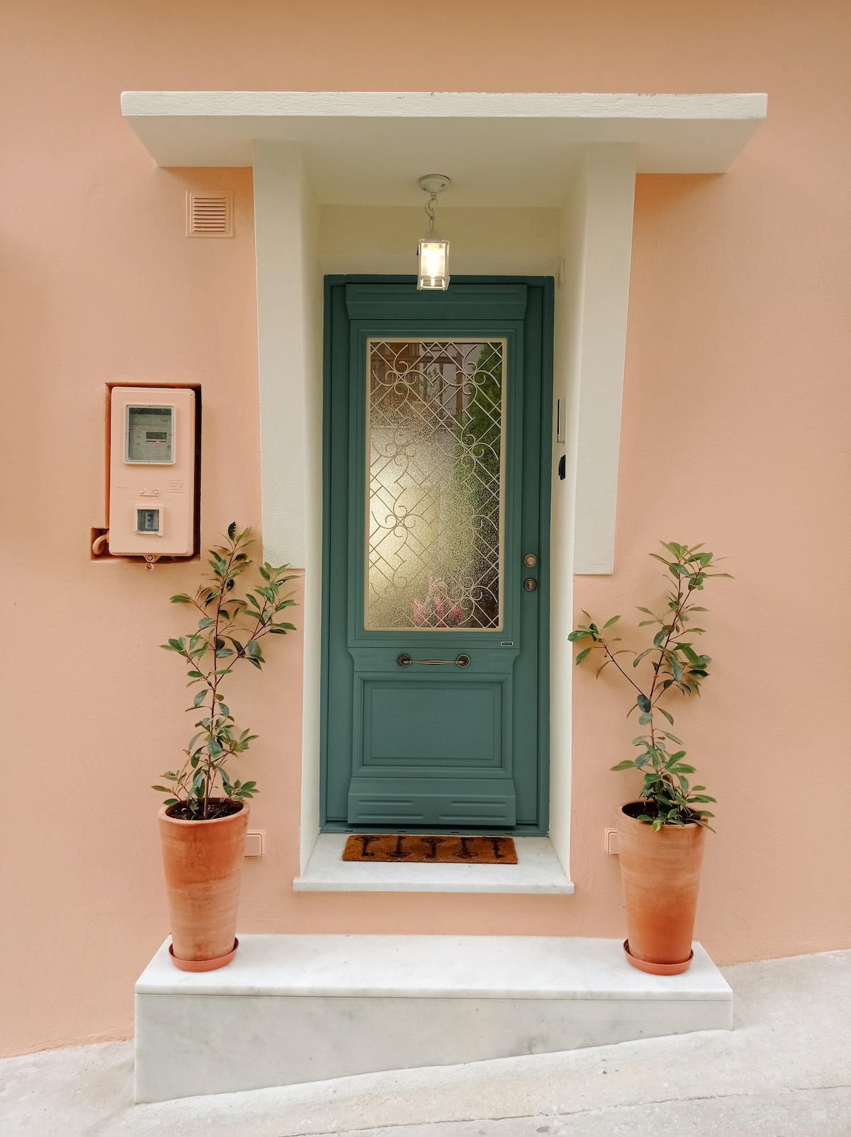A welcoming entrance is framed by two potted plants on either side of the door. The door features a decorative glass panel with a turquoise finish and a light above, all set against a soft peach wall. A small welcome mat is positioned at the base.