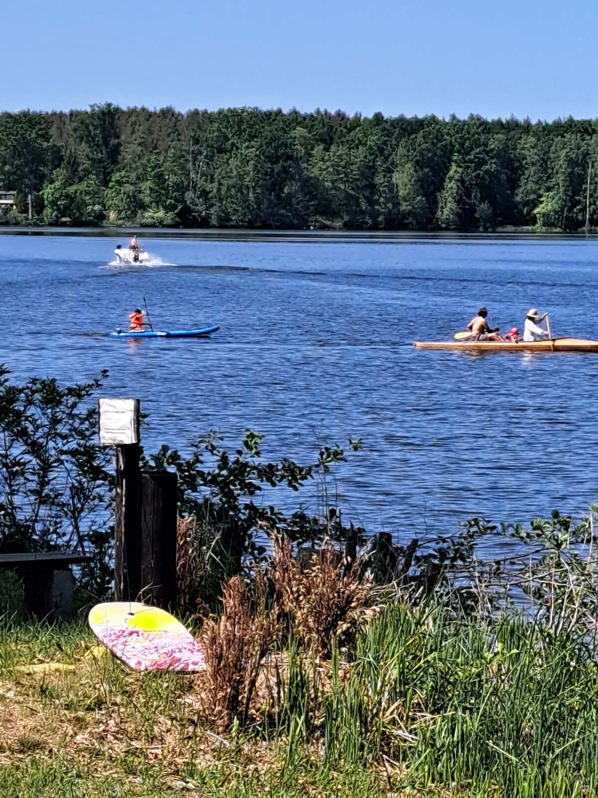 A serene lake scene is depicted, featuring people enjoying various water activities. A paddle boarder is seen on the left, while a kayak is utilized nearby. Lush greenery borders the water, with a surfboard resting on the shore, adding a touch of color to the natural setting.