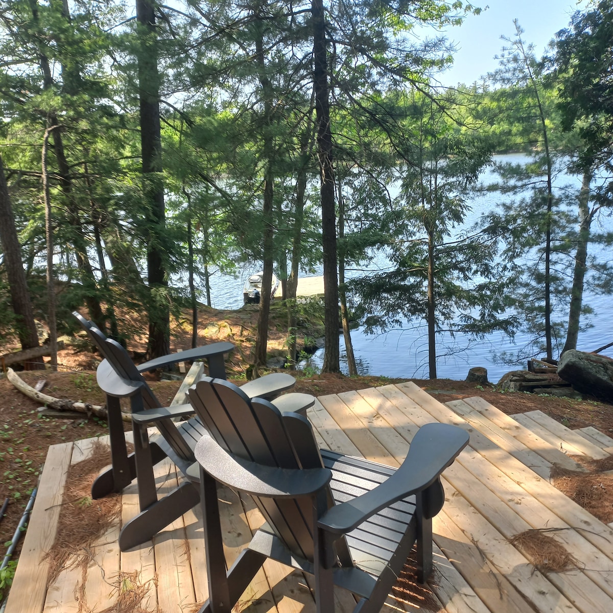 Two dark wood Adirondack chairs are positioned on a spacious deck overlooking a serene lake. The natural landscape is enriched by tall trees surrounding the area, providing shade and a sense of tranquility.