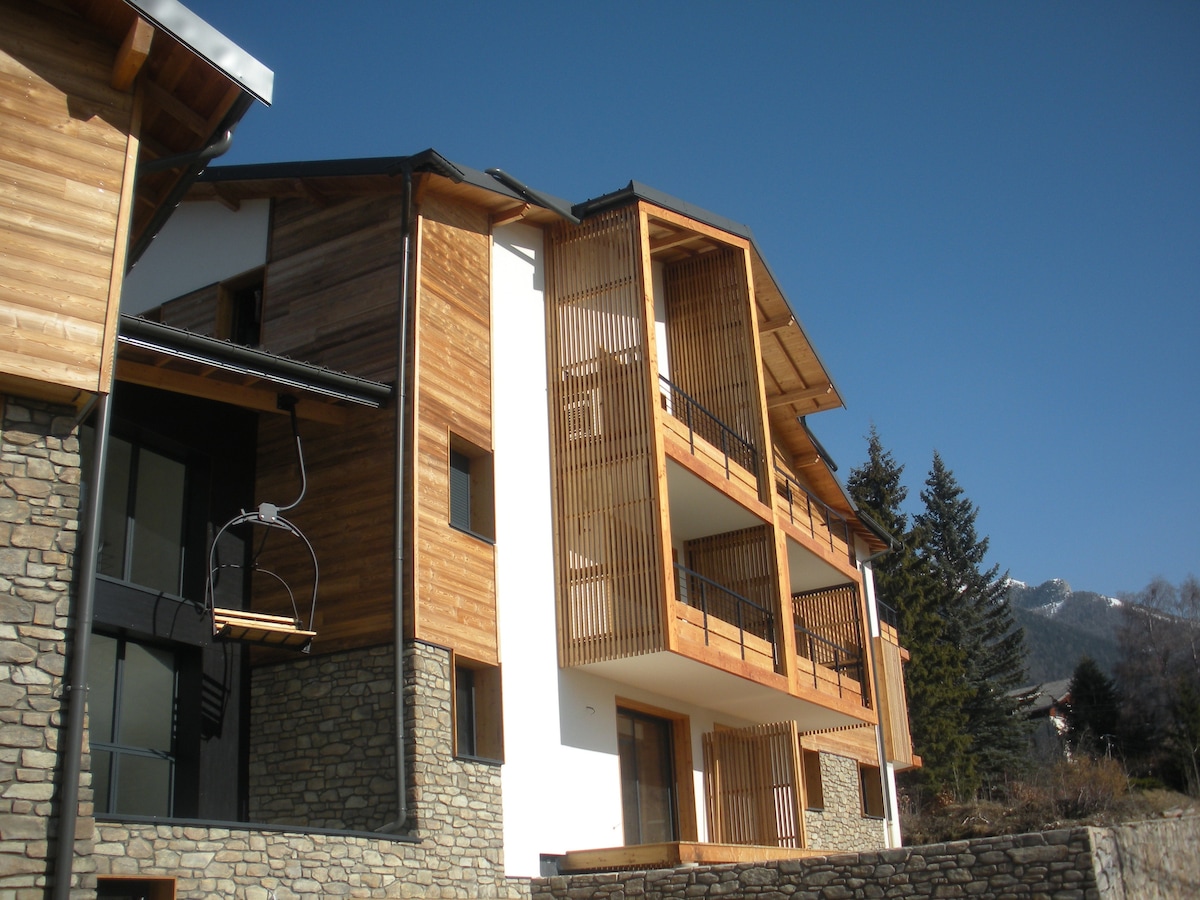 The exterior of the building showcases a blend of wood and stone materials, with a modern design. Balconies with wooden railings are visible, along with large glass windows that allow natural light into the space. The surrounding landscape features pine trees and mountain views.