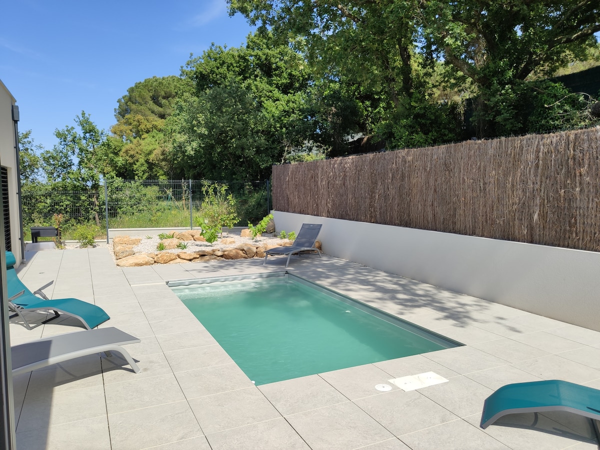 A private biological pool is set within a paved area, surrounded by lush greenery and a textured wooden fence. Lounge chairs are positioned nearby, inviting relaxation. Natural stones are arranged along one side, complementing the serene outdoor space.