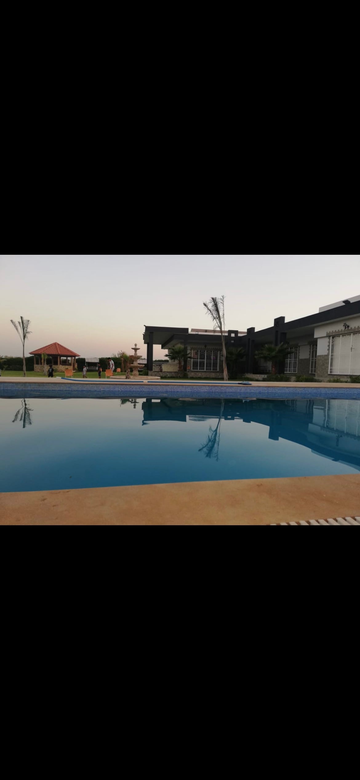 A tranquil swimming pool reflecting the surrounding palm trees and modern architecture of the home. A gazebo can be seen in the distance, offering a shaded area for relaxation.
