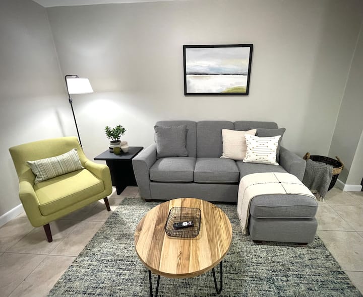 Comfortable sectional with queen sized pullout sofa bed. Linens and pillows are provided.