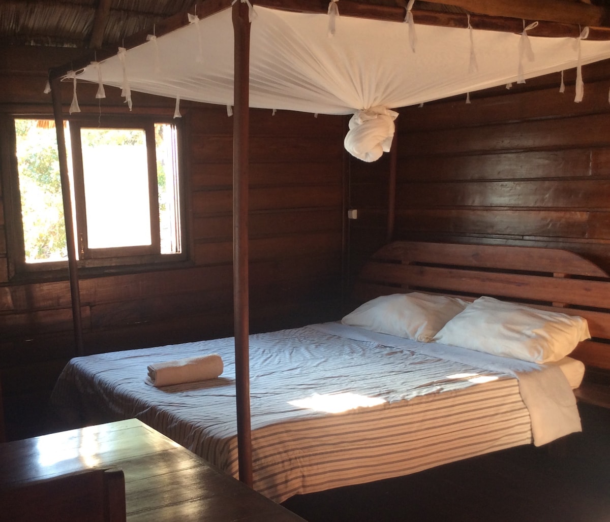 A rustic bedroom features a spacious bed with light linens and two soft pillows. A white canopy drapes above the bed. Natural light enters through a small window, highlighting the warm wooden walls and ceiling.