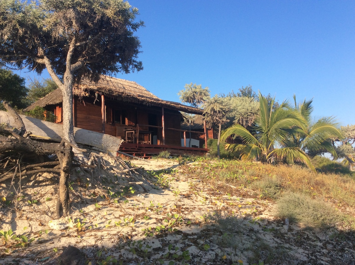 A wooden cabin with a thatched roof is surrounded by lush greenery and palm trees, set against a clear blue sky. The structure features a spacious porch with wooden chairs, offering a serene view of the natural landscape.