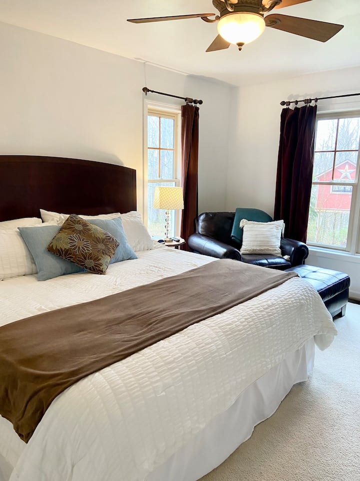 غرفة نوم رئيسية تضم سرير كينج وتلفزيون مع روكو. تقع في الطابق الرئيسي.