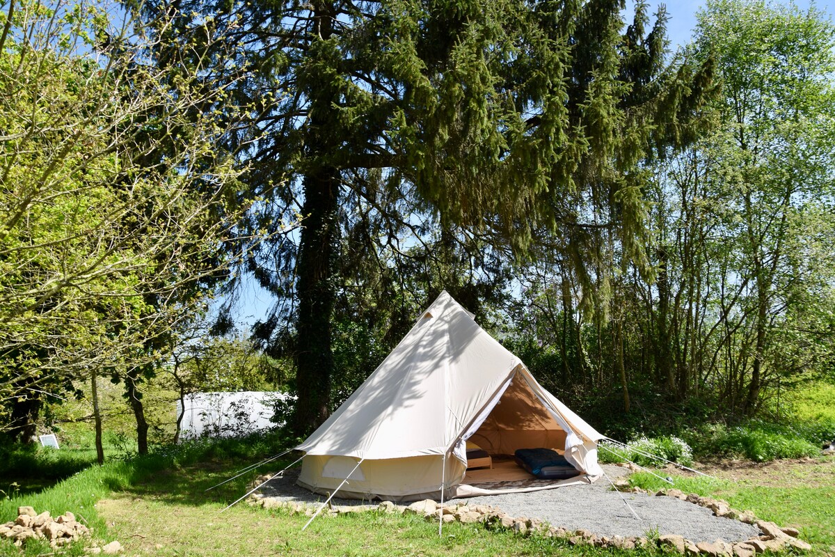 A spacious tent is set in a serene natural environment, surrounded by lush greenery and tall trees. The entrance is flanked by stones, and outdoor blue cushions are visible inside, providing a comfortable seating area. Sunlight filters through, creating a peaceful ambiance.