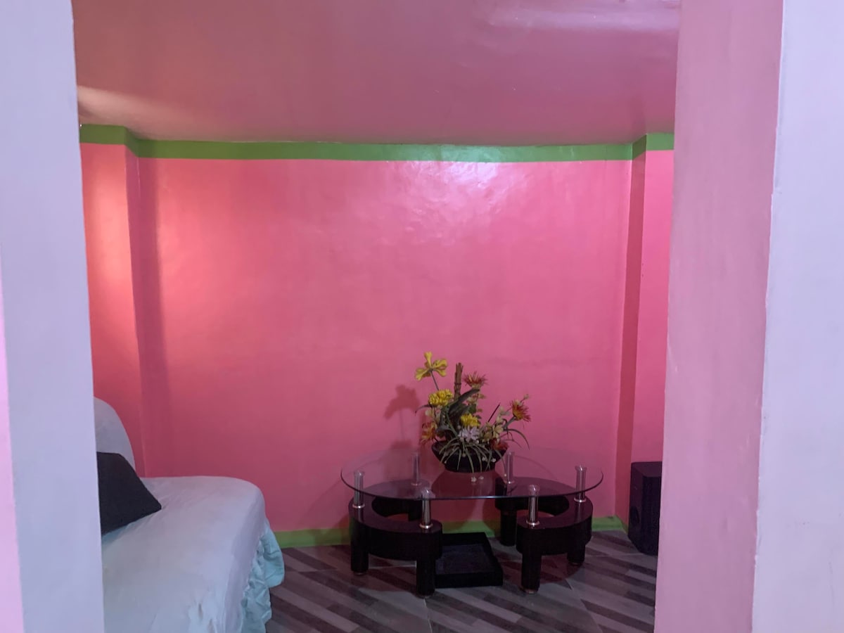 A small living area is presented, featuring bright pink walls with green trim. A glass coffee table rests in the center, complemented by a decorative vase filled with flowers. A simple white sofa with dark cushions is positioned against one wall.