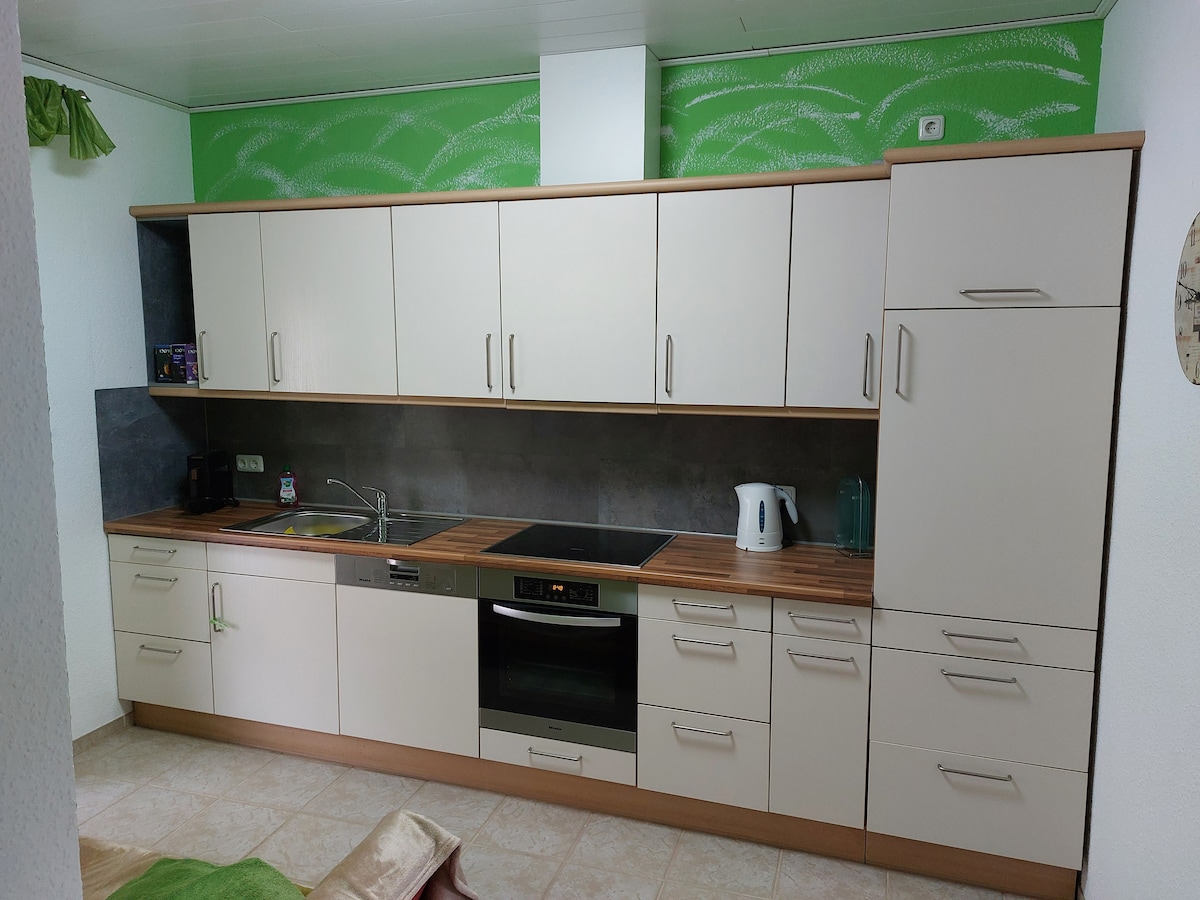 A well-equipped kitchen showcases modern cabinetry and a wooden countertop. Kitchen appliances include an induction stove, oven, dishwasher, and kettle. The wall is partially painted in a fresh green hue, enhancing the space's brightness, while ample storage is provided in the surrounding cabinets.