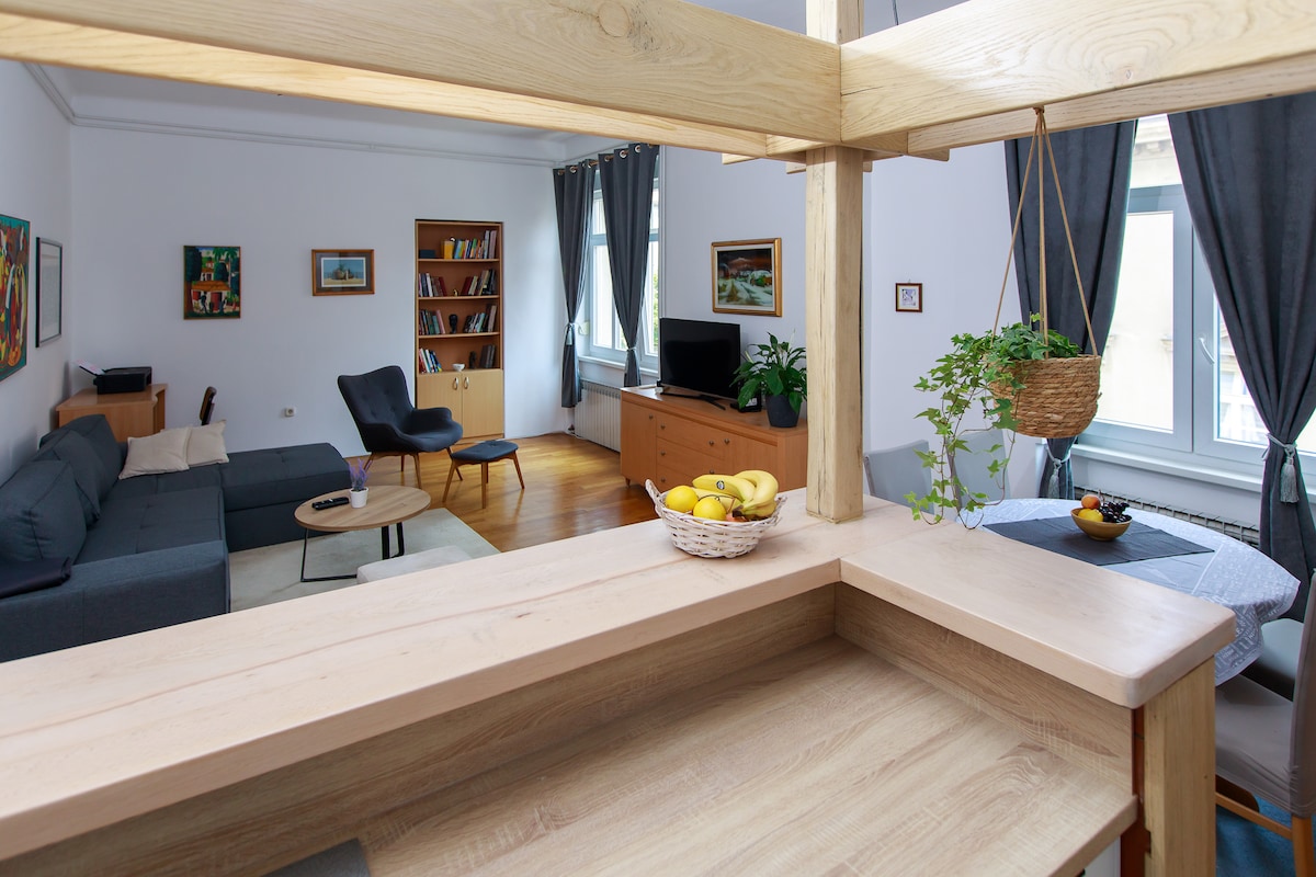 A spacious living area is visible, featuring a comfortable gray sofa, a wooden coffee table, and a bookshelf filled with books. A small dining table is set with a fruit bowl, while sunlight illuminates the room through large windows draped with dark curtains.