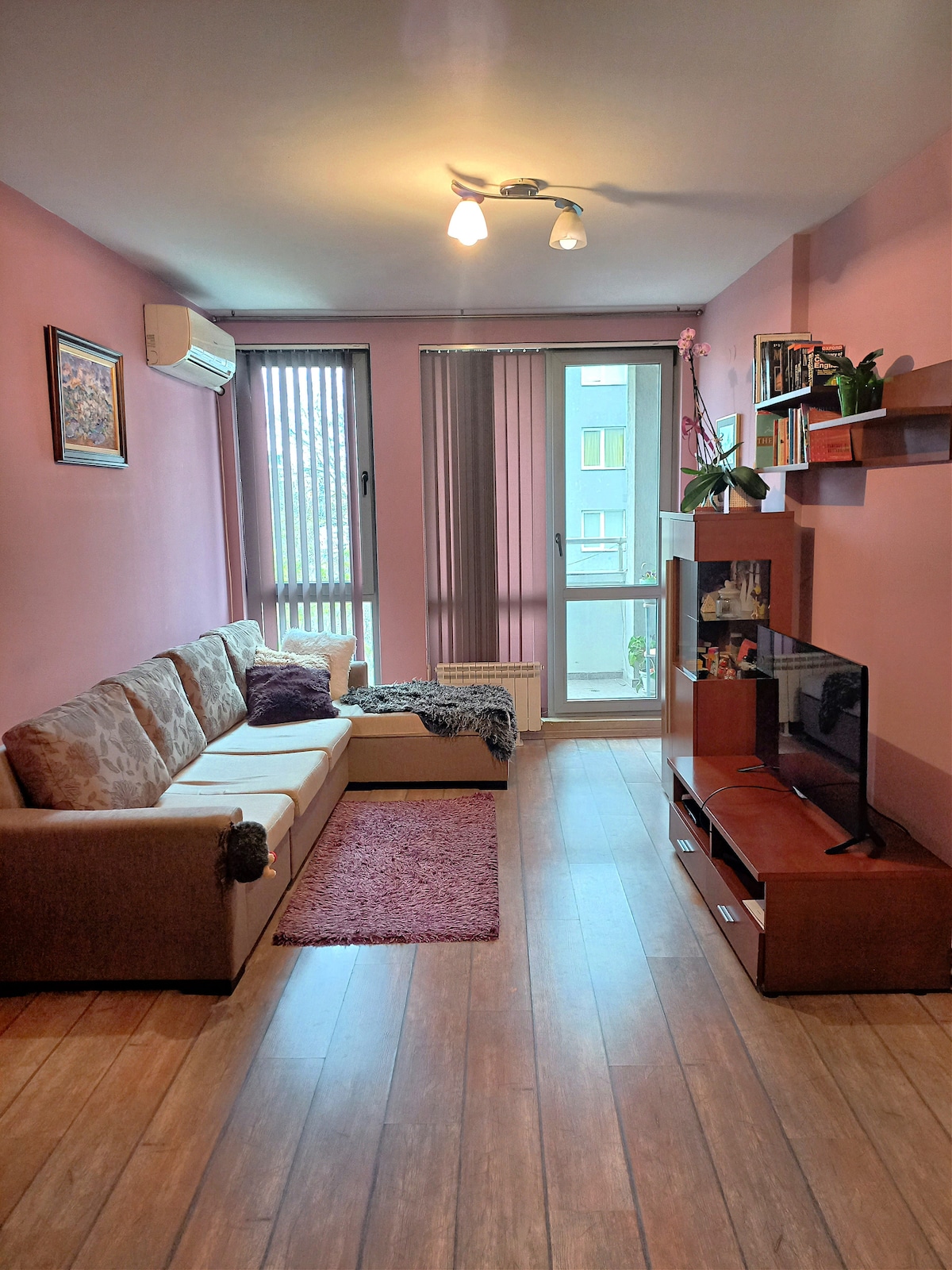 A cozy living area is presented with a comfortable sofa adorned with pillows. Natural light enters through a large window covered by light curtains, illuminating the space. A small television unit is positioned against the wall, complemented by decorative shelves holding plants and books.