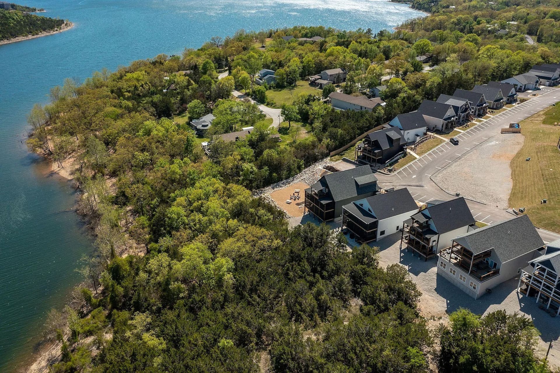 Aerial view of Table Rock Lake shoreline at Branson Cove in Hollister, Missouri, near Branson