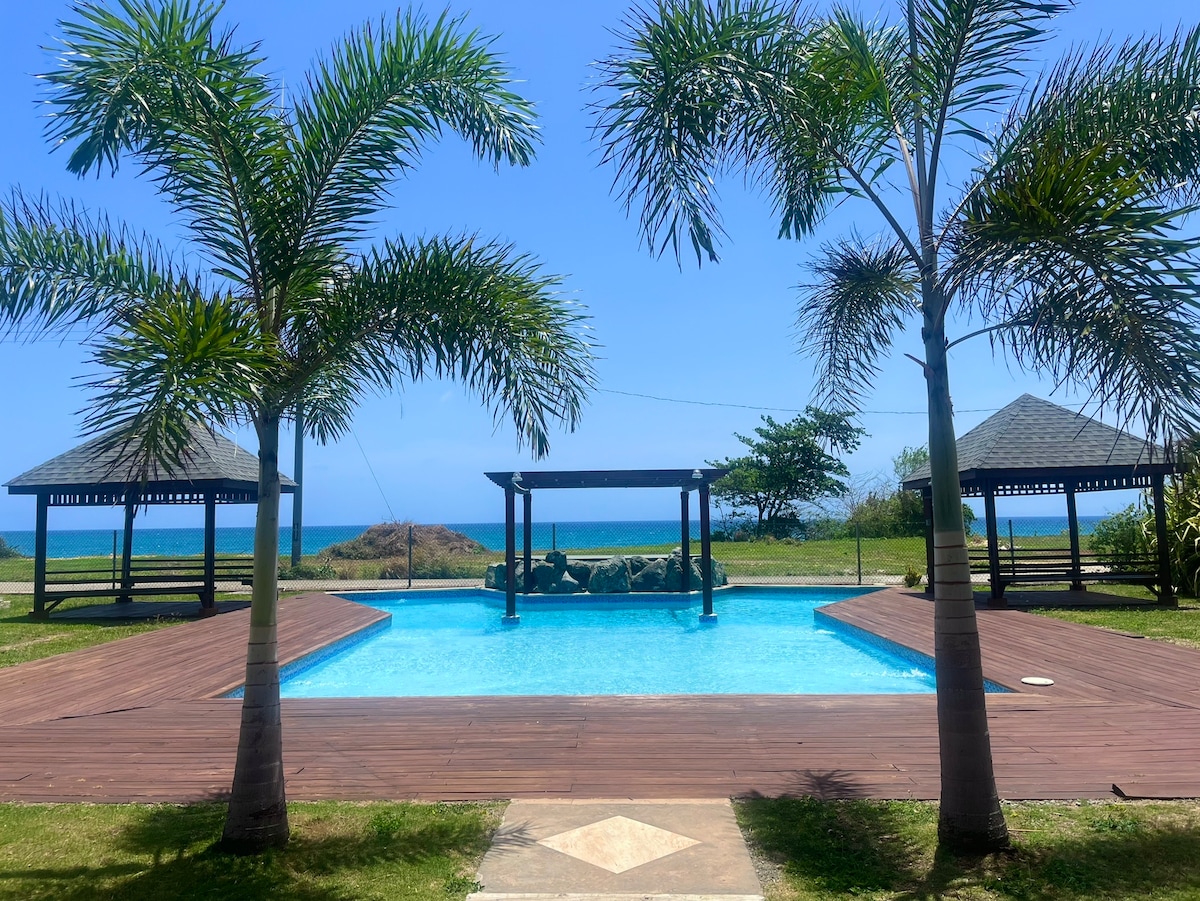 A serene outdoor space features a sparkling blue pool surrounded by wooden decking. Two palm trees frame the scene, and two gazebos are positioned nearby. The Atlantic Ocean is visible in the background, with lush greenery completing the tranquil atmosphere.