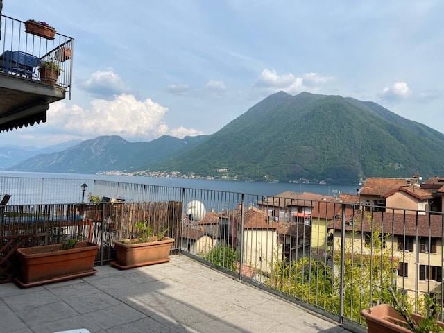 A spacious terrace is displayed, featuring potted plants and outdoor seating. Expansive views of the lake and surrounding mountains are visible in the background, creating a serene and open atmosphere. The terrace is enclosed by a metal railing, enhancing safety while enjoying the scenery.