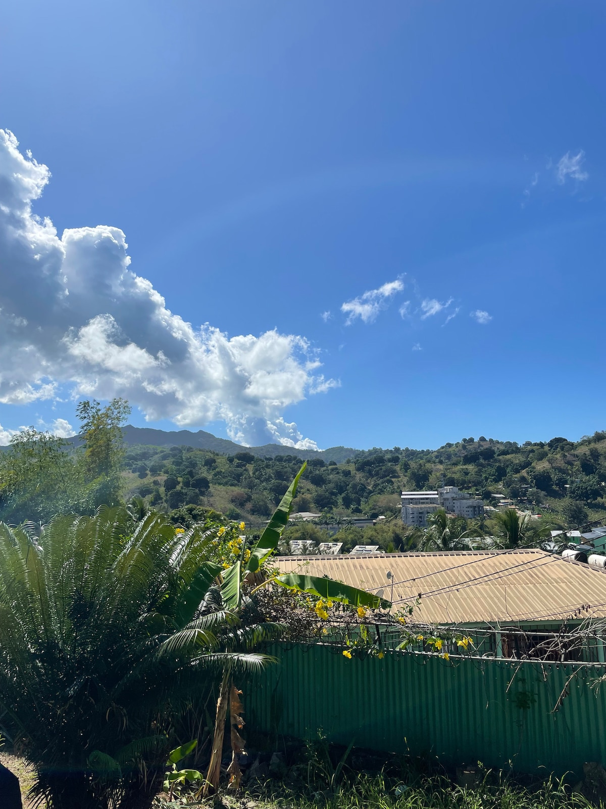 A clear blue sky is showcased, dotted with fluffy white clouds. Lush green foliage is visible in the foreground, while mountainous terrain extends in the background, creating a serene and natural backdrop.