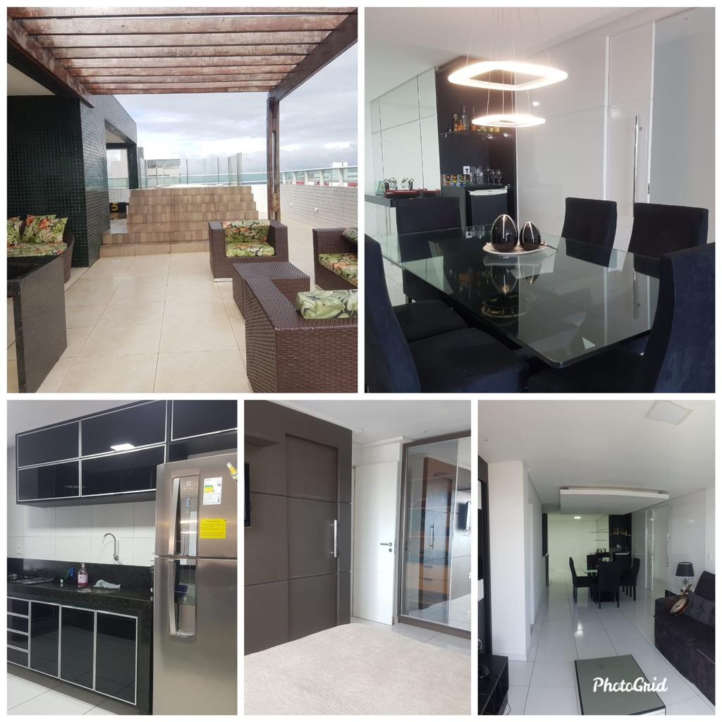 A spacious outdoor terrace features a seating area with modern wicker furniture and a view of the surroundings. A dining space is highlighted by a glass table surrounded by dark chairs. The contemporary kitchen includes stainless steel appliances and ample cabinetry. An entryway door leads to an inviting open layout.