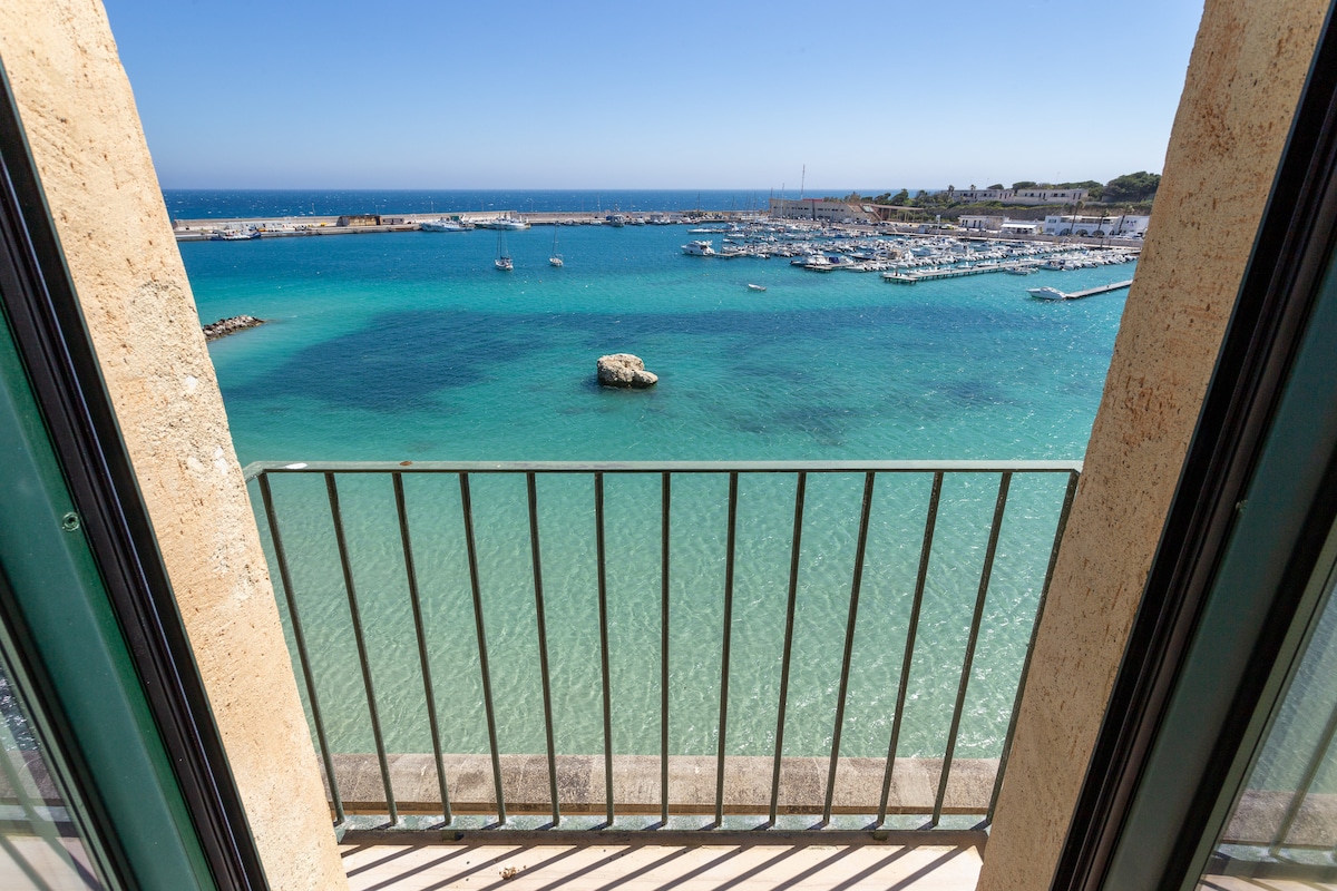 A balcony view captures a vibrant marina with numerous boats docked in clear turquoise waters. The coastline is visible in the background, framed by the soft blue of the sky.