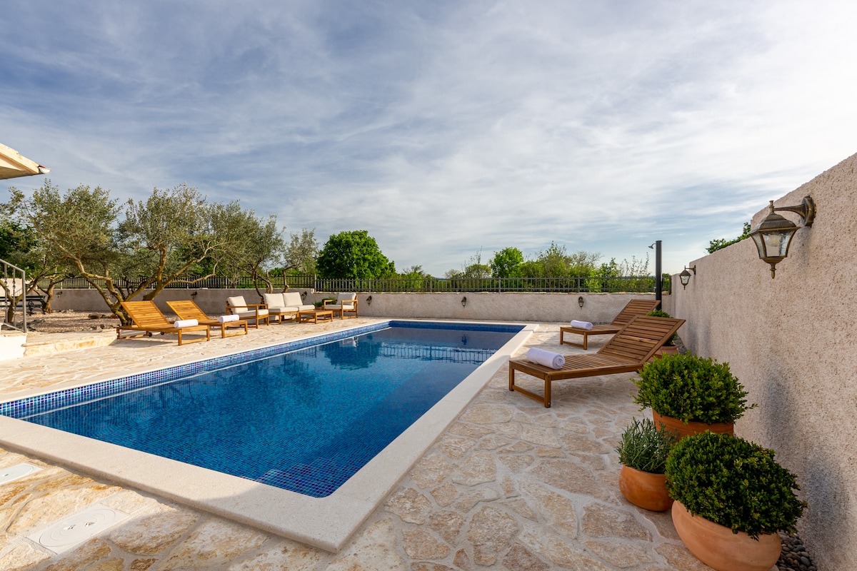 A heated outdoor swimming pool is surrounded by a stone patio adorned with sun loungers. Potted plants flank the pool area, and olive trees can be seen in the background, enhancing the serene atmosphere.